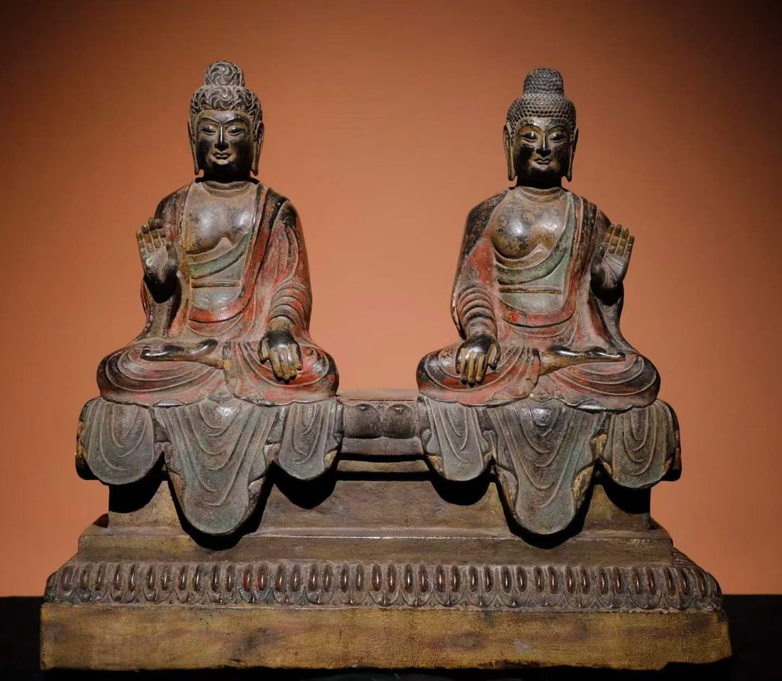 Tang Dynasty Painted Bluestone Double Seated Buddha: Tang Painted Bluestone Double Seated Buddha, H60cm W66cm D20cm