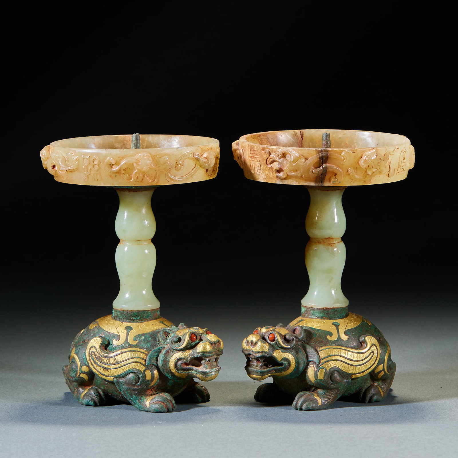 Pair of Warring States-Han Dynasty Gold-inlaid Jade Mythical Beast Lamps: Warring States-Han Gold-inlaid Jade Mythical Beast Lamp, Pair, H12cm D8cm