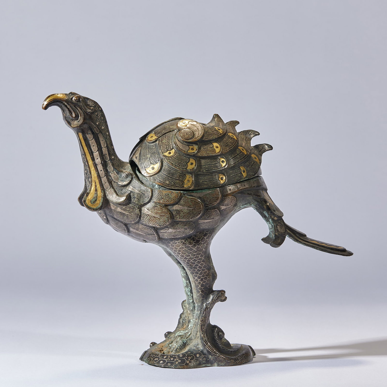 Pre-Ming Gold-silver Inlaid Phoenix Incense Burner: Pre-Ming Gold-silver Inlaid Phoenix Censer, H18cm L21cm W8cm, Weight 1018g