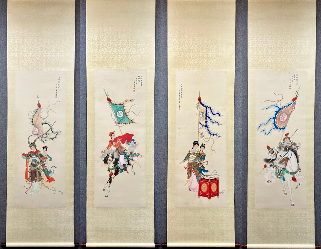 Ren Shuaiying Four-panel Paper Painting: Heroic Women: Ren Shuaiying Heroine Four-panel Paper Scroll, L134cm W50cm