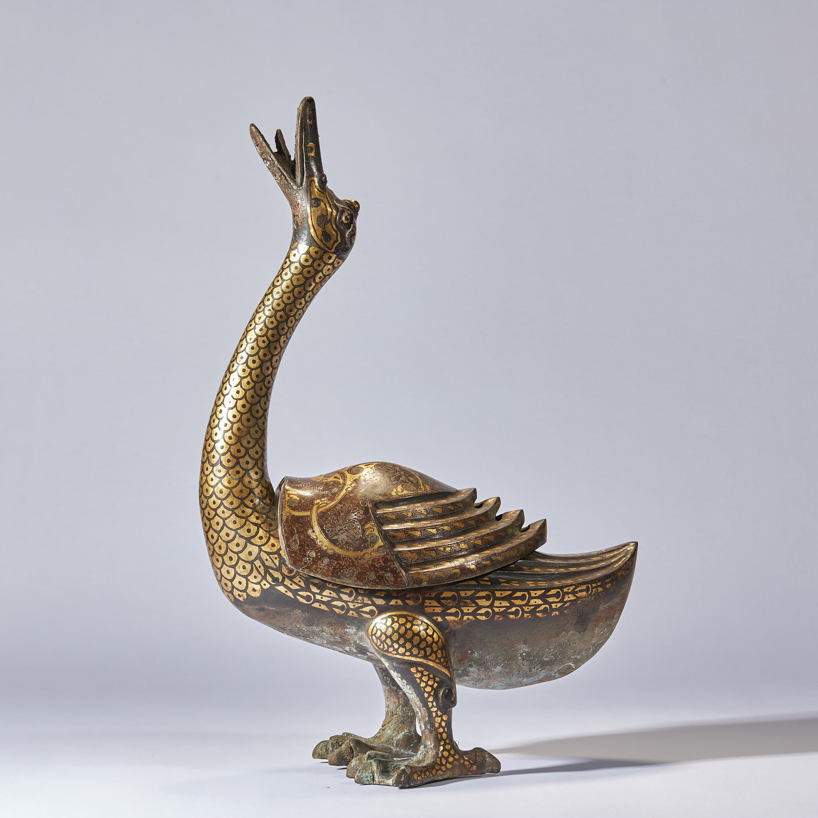 Pre-Ming Gold-silver Inlaid Duck-shaped Incense Burner: Pre-Ming Gold-silver Inlaid Duck-shaped Censer, H37cm L25cm W14.5cm, Weight 2313g