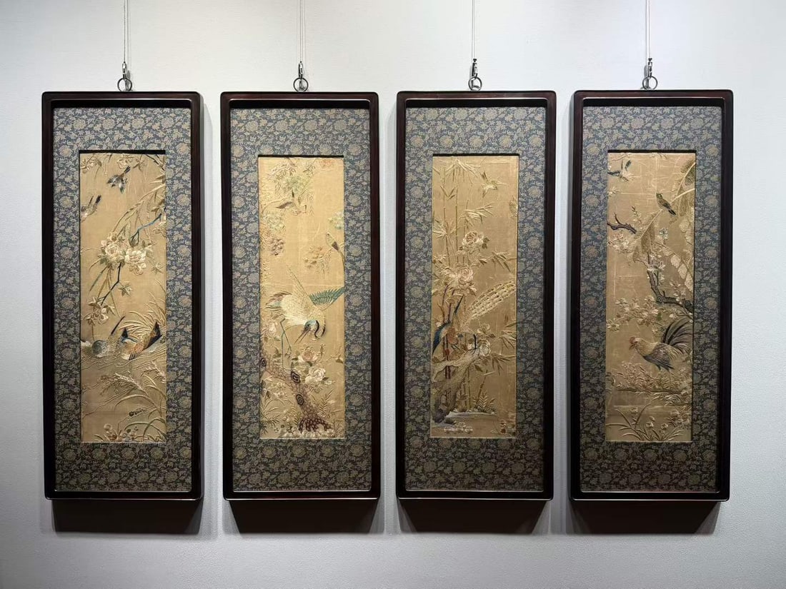 Four-panel Qing Cantonese Flower-and-Bird Embroidery: Qing Cantonese Flower & Bird Four-panel Embroidery, L88cm W34cm