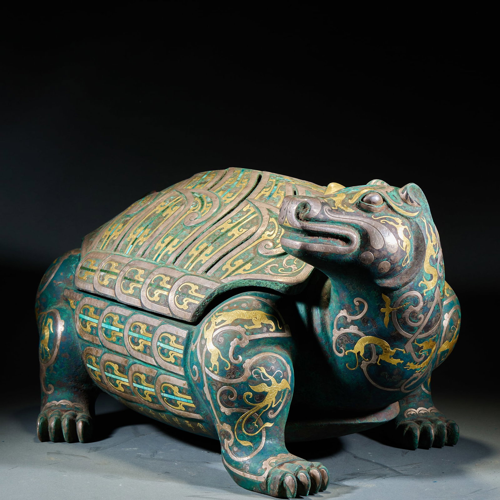 Warring States-Han Gold-silver Turquoise Inlaid Dragon-tortoise Incense Burner: Warring States-Han Gold-silver Turquoise-inlaid Dragon Turtle Censer, H37cm L68cm W43cm