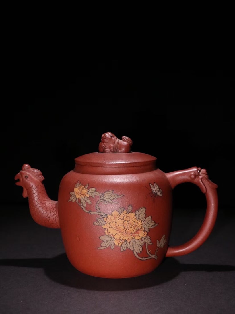 Yixing Old Zisha Phoenix Peony Teapot, Zhou Guizhen Mark: Yixing Zisha Phoenix Peony Teapot, Zhou Guizhen Mark, H12cm W18cm