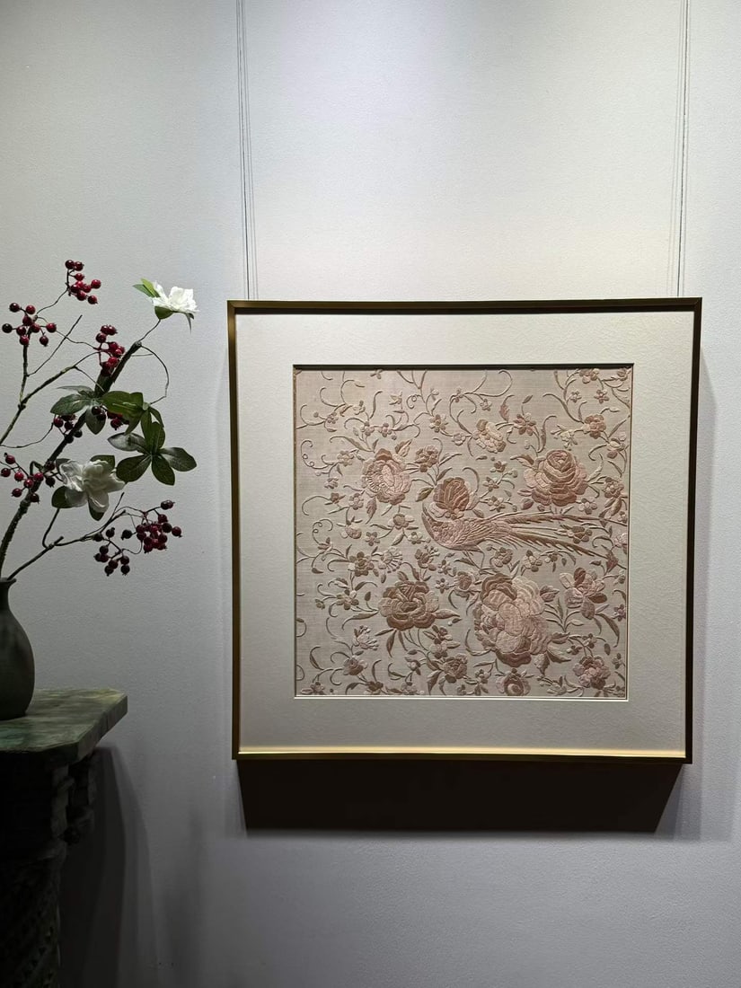Late Qing Cantonese Flower-and-Bird Embroidery: Late Qing Cantonese Flower & Bird Embroidery, L64cm W64cm