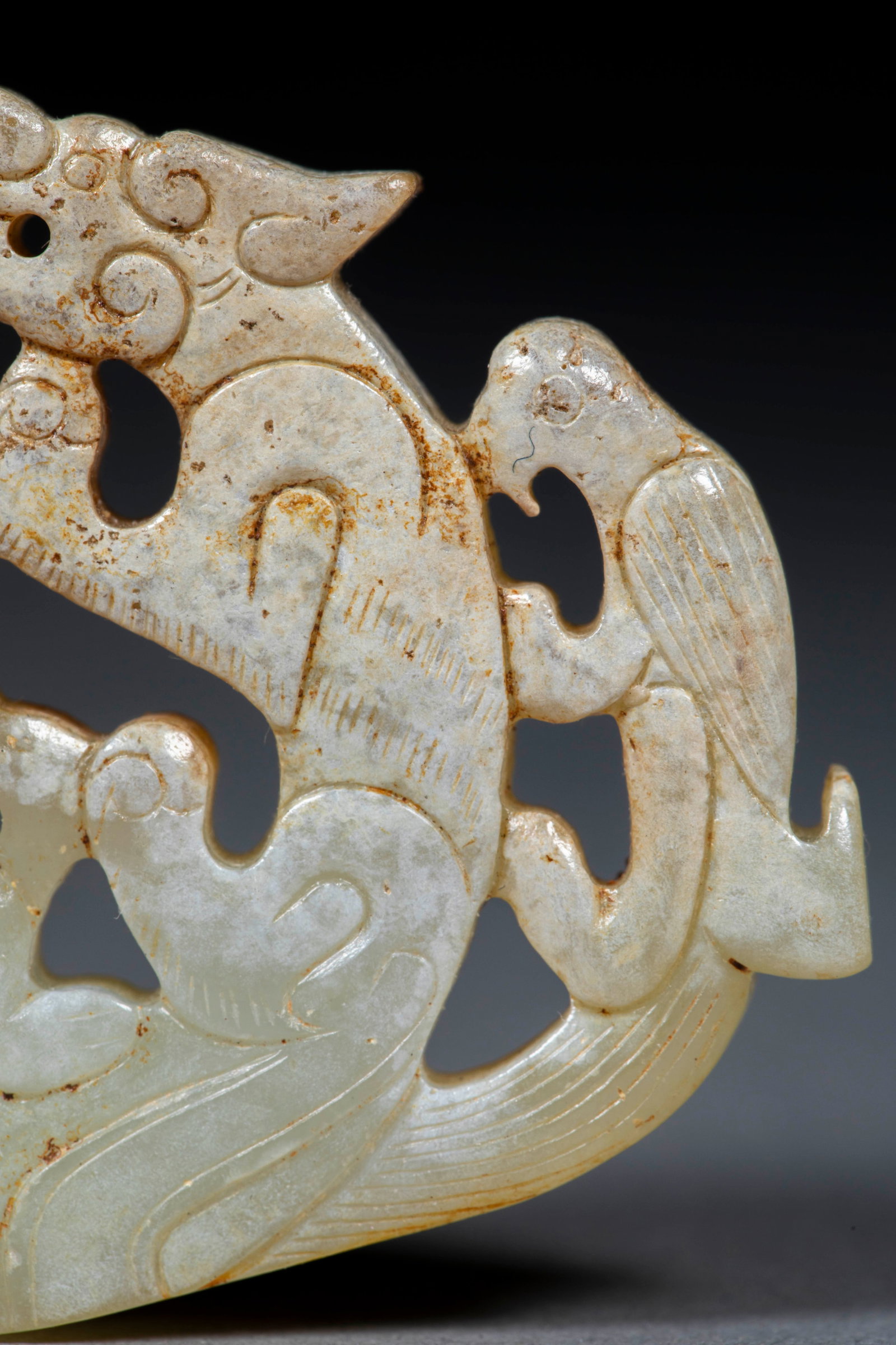 Openwork Dragon & Figure Jade Pendant - 10
