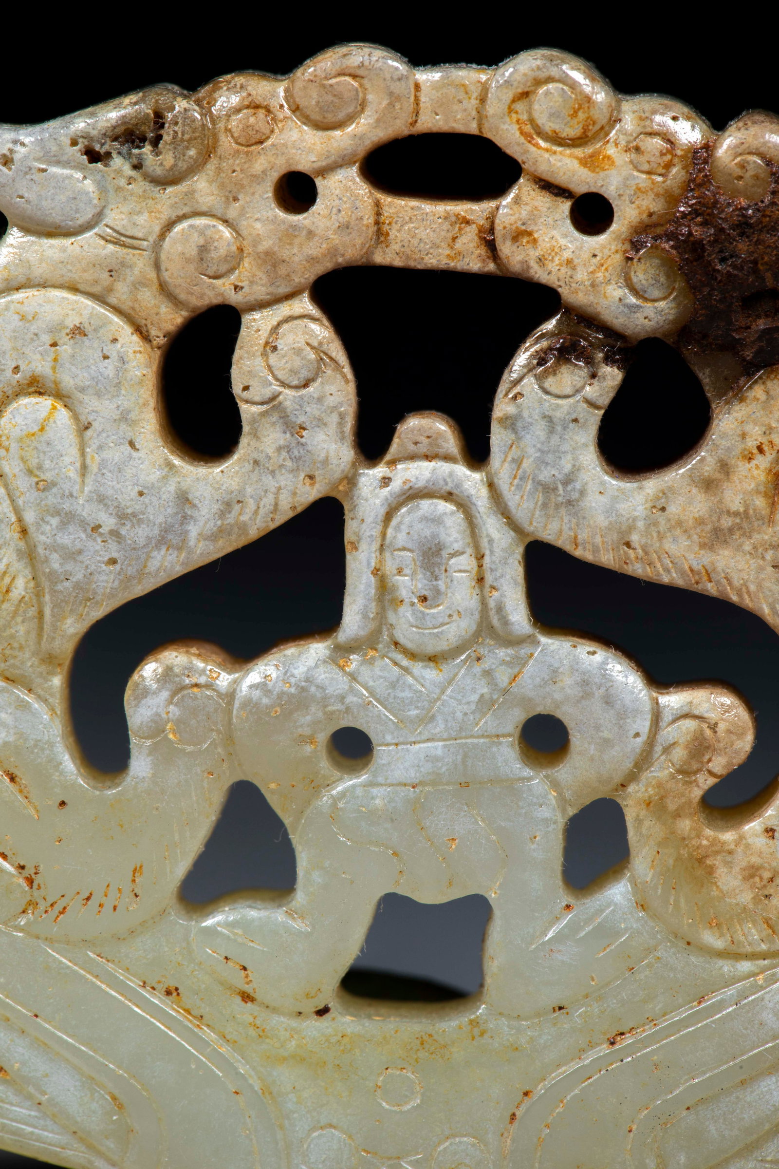 Openwork Dragon & Figure Jade Pendant - 4