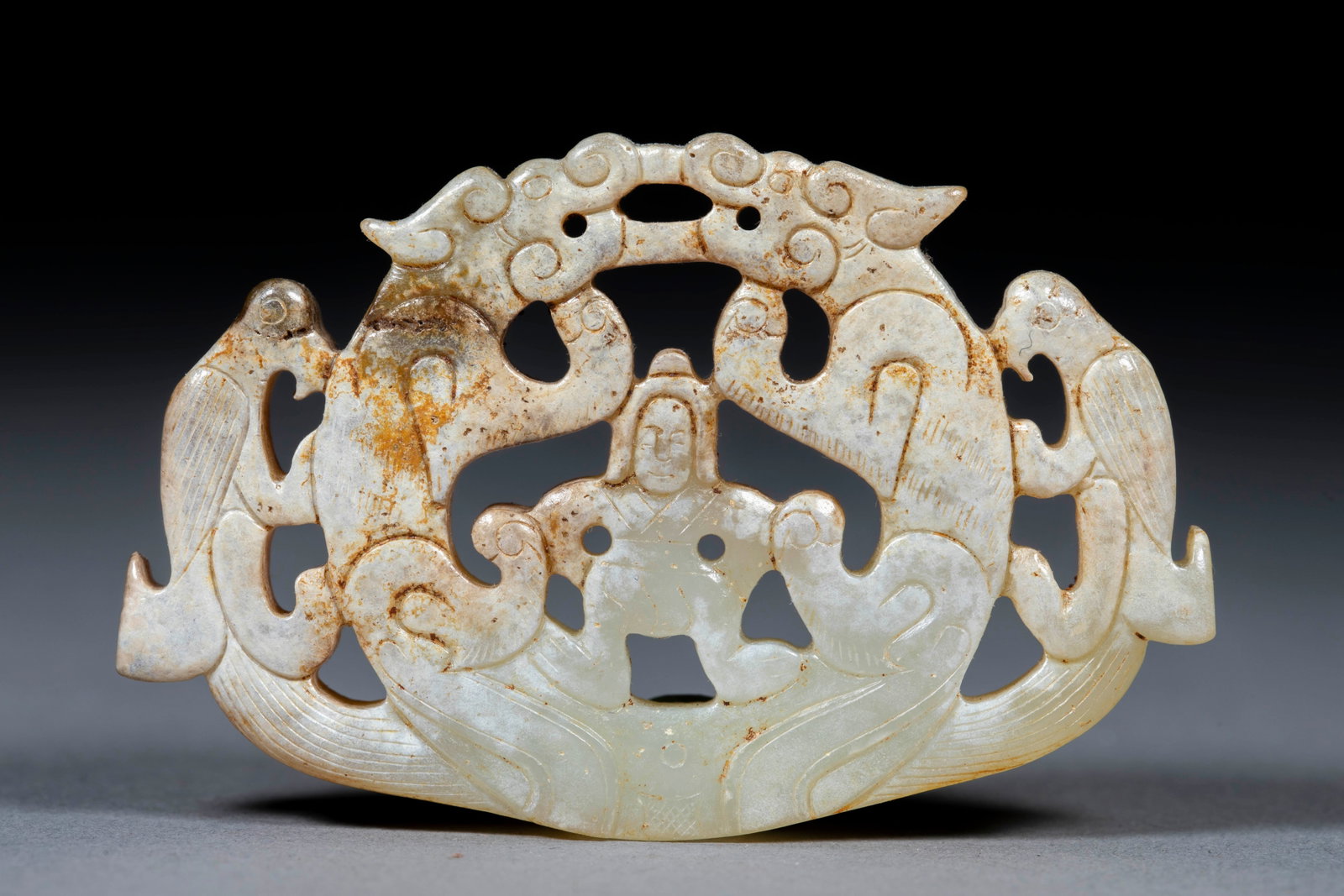 Openwork Dragon & Figure Jade Pendant - 7