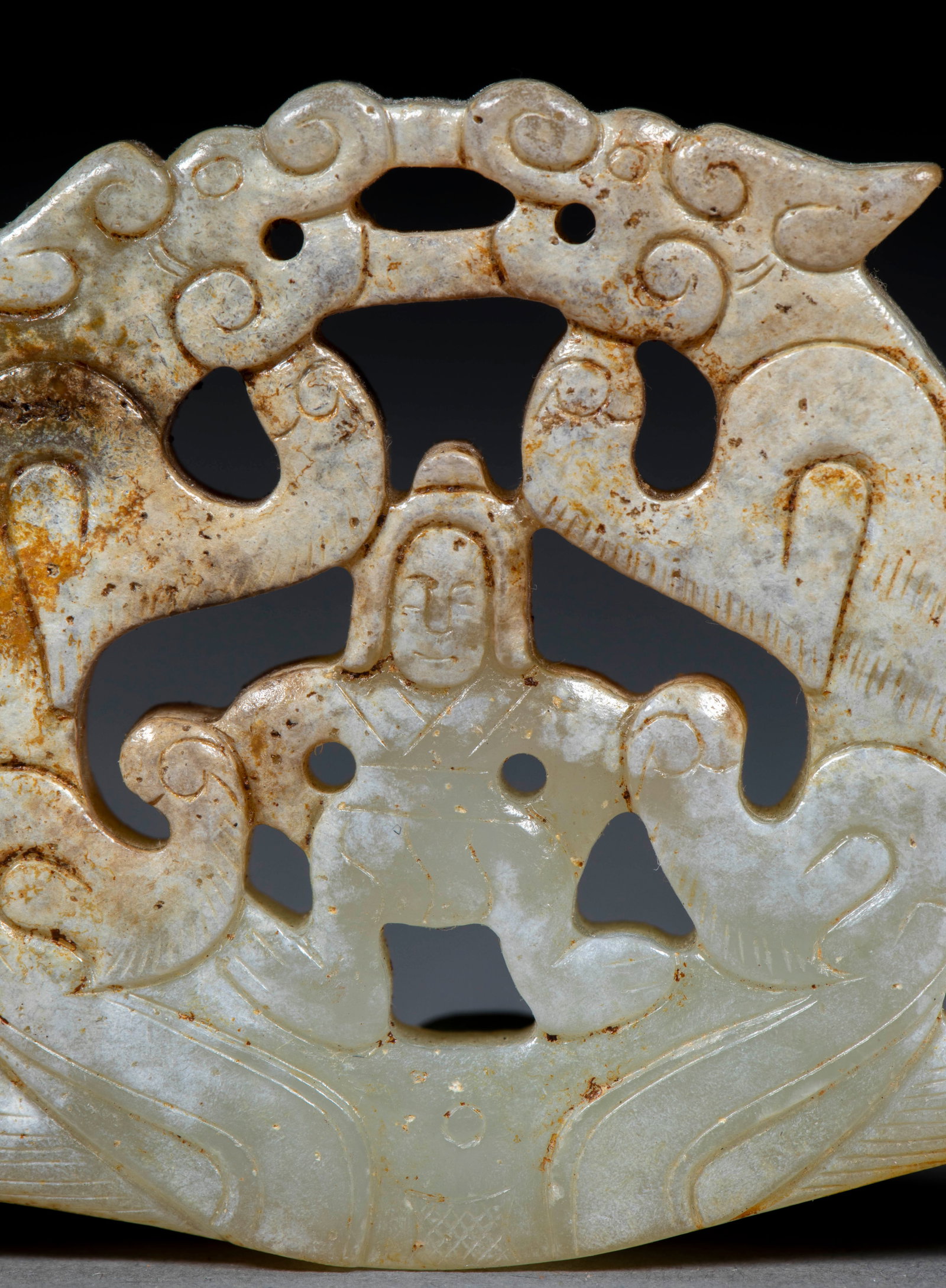 Openwork Dragon & Figure Jade Pendant - 9