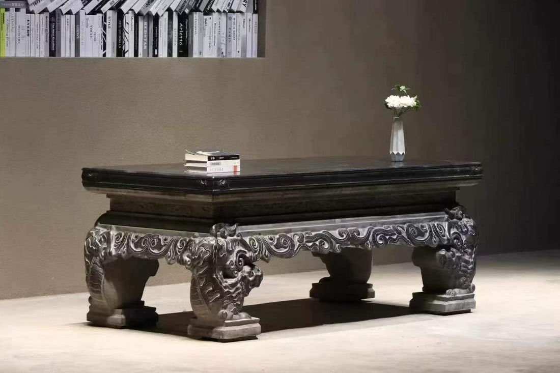 Black Bluestone Rectangular Table with Beast Feet & Floral Pattern (1 of 5)