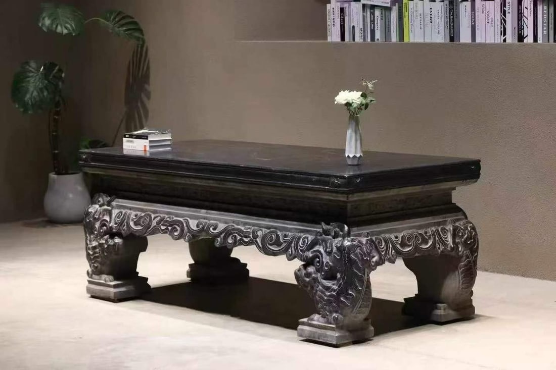 Black Bluestone Rectangular Table with Beast Feet & Floral Pattern - 2