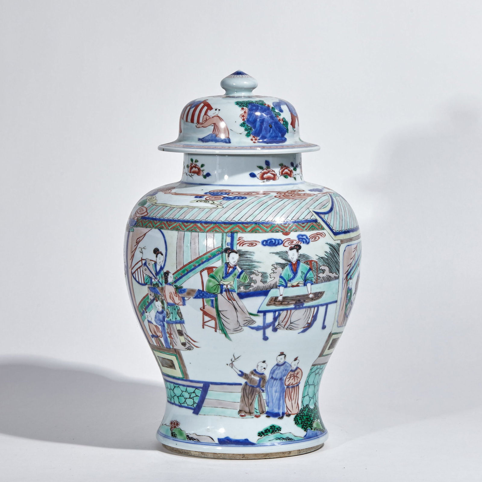 Qing Five-color Figure Story Cover Jar: Qing Wucai Figure Story Cover Jar, H41cm D24cm
