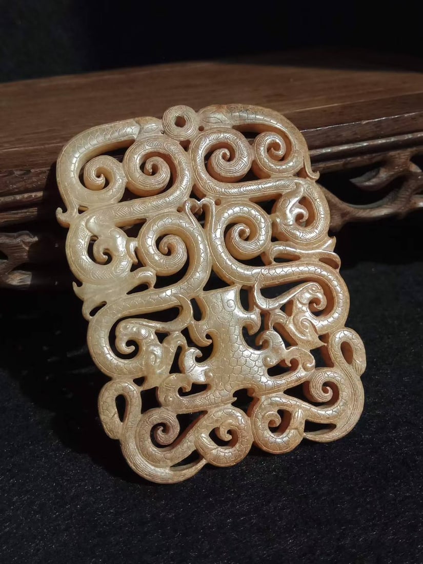 Hetian Jade Openwork Double Phoenix Dragon Pendant - 8