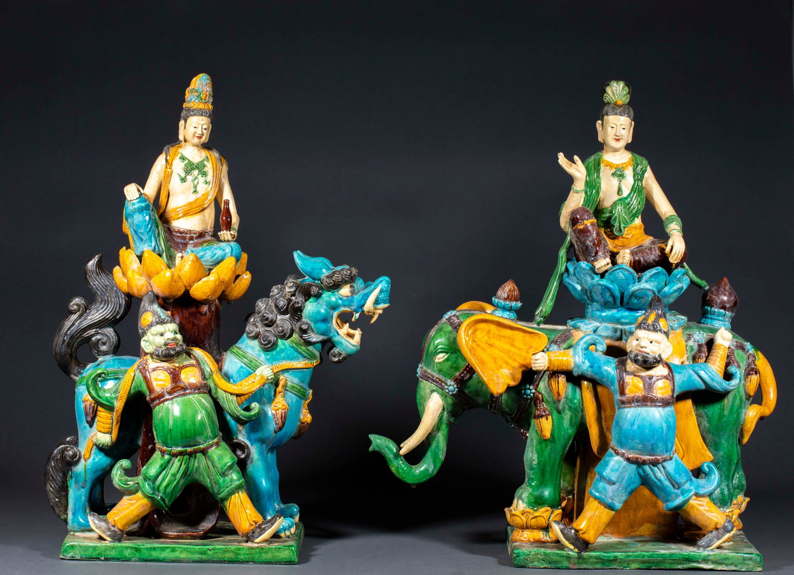Pair of Liao Tri-color Manjushri & Samantabhadra Statues: Liao Tri-color Manjushri Samantabhadra Statue Pair, H58cm L40cm W18cm & H57cm L51cm W21cm