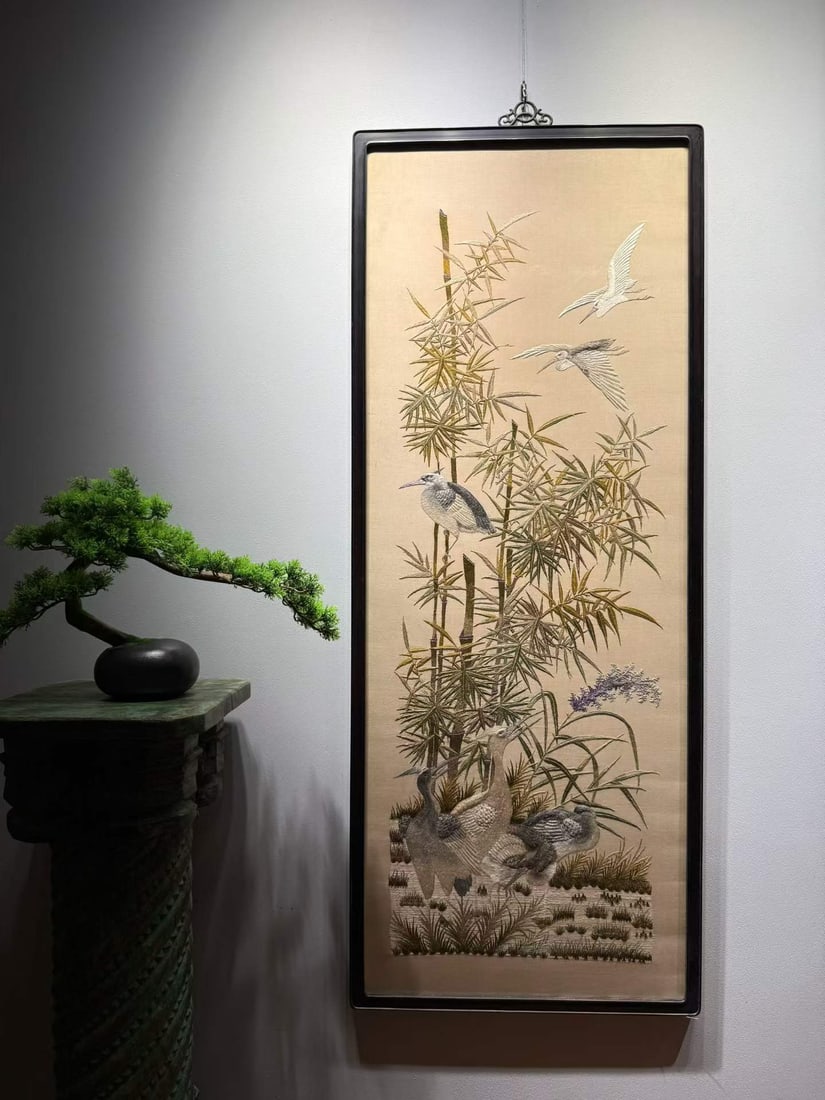 Qing Embroidery: Egret & Lotus Blessing: Qing Embroidery Egret and Lotus Ascension, L149cm W59cm