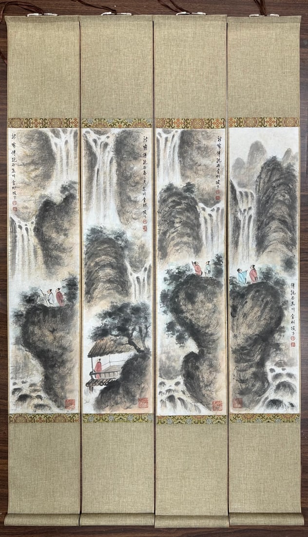 Four-panel Fu Baoshi Waterfall Landscape Painting: Fu Baoshi Waterfall View Four-panel Painting, Artwork 67×16cm each, Overall 117×68cm