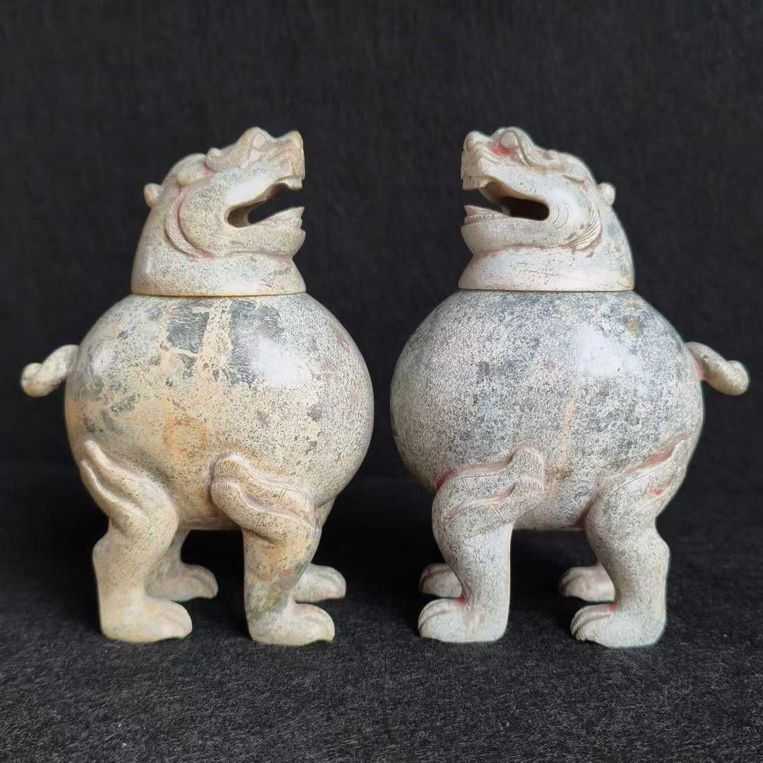Pair of Hetian Green Jade Censers: Pair of Hetian Azure Jade Censers, H13.6cm L9.8cm W6.8cm, Weight 928g
