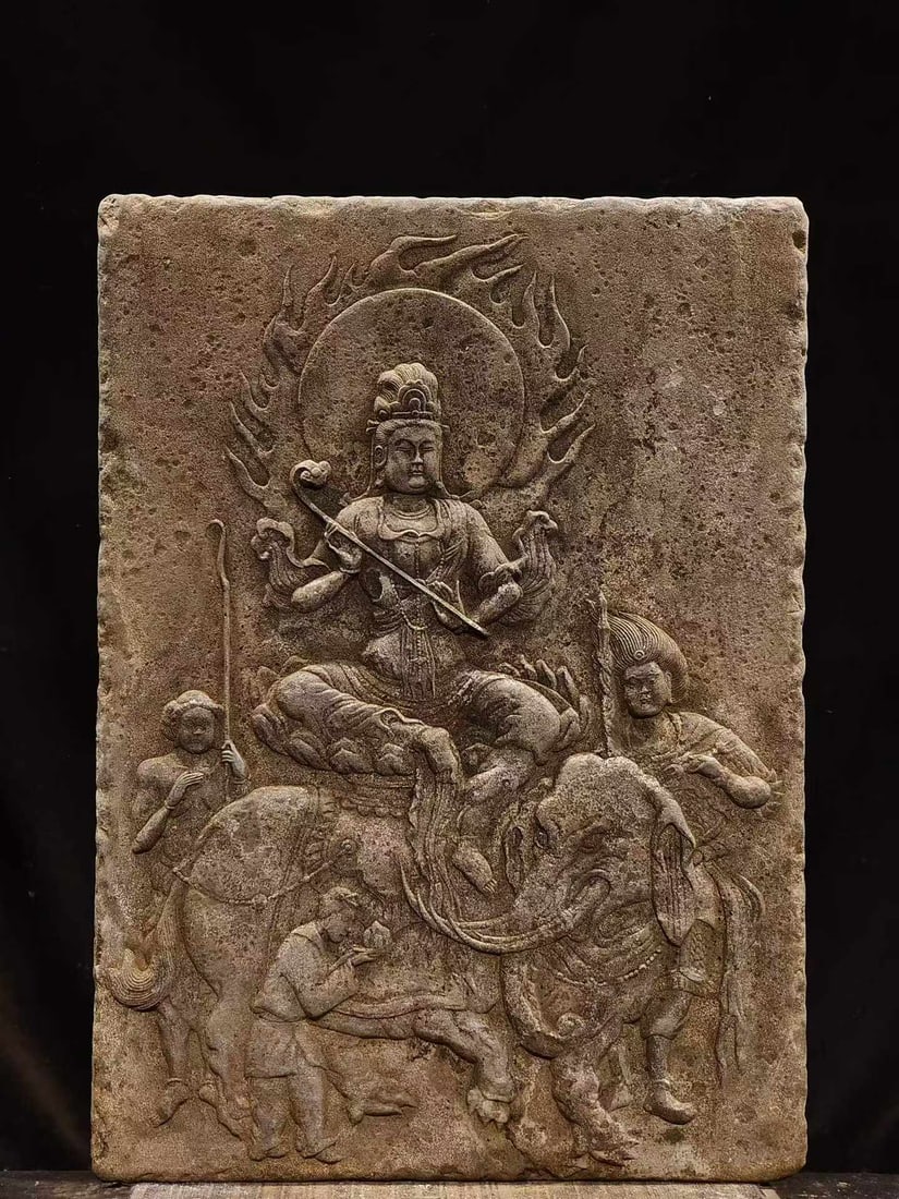 Bluestone Samantabhadra Buddha: Bluestone Samantabhadra Statue, H80cm L58cm W7cm