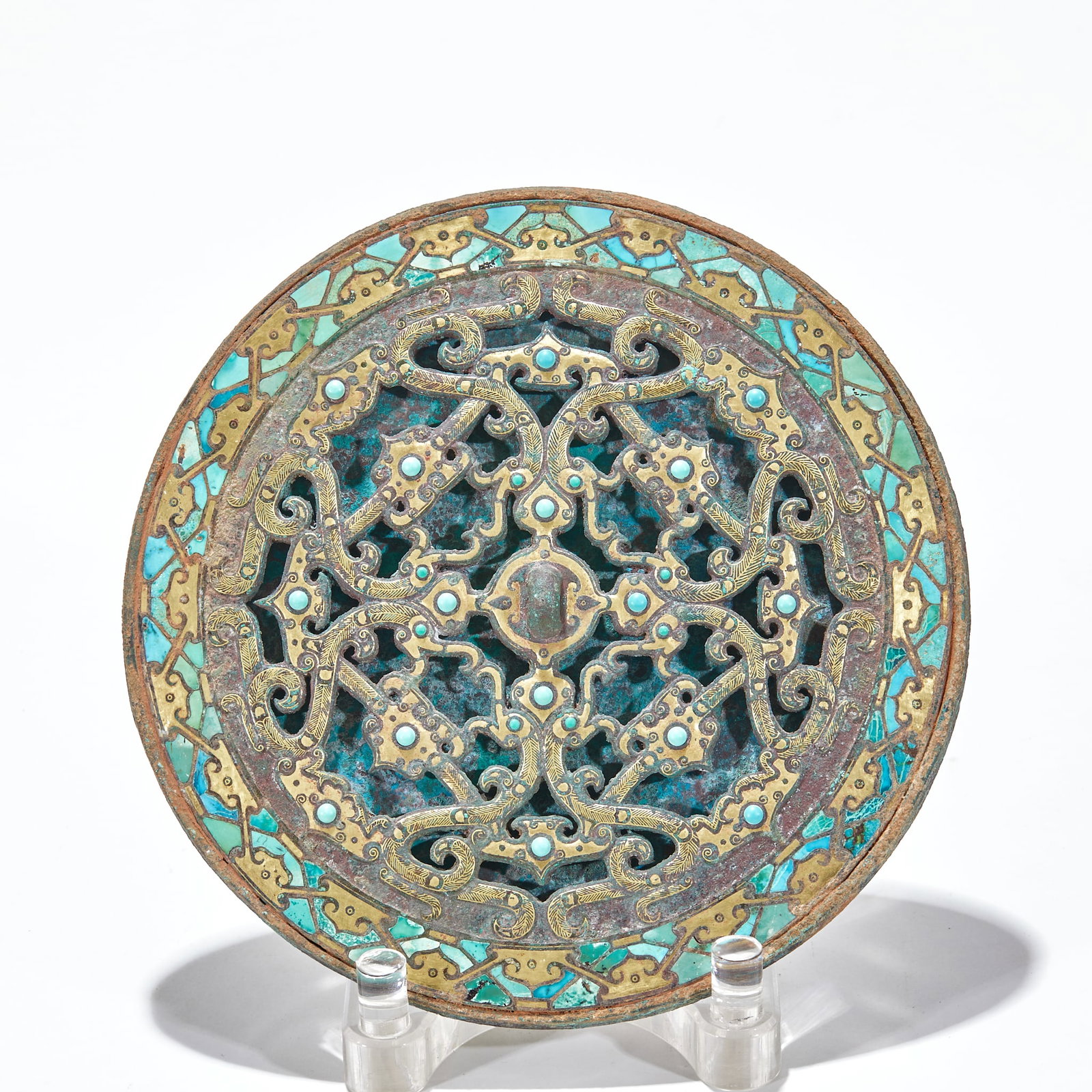 Warring States-Han Openwork Gold-silver Turquoise Dragon Bronze Mirror: Warring States-Han Openwork Gold-silver Turquoise Chi Dragon Mirror, D17.5cm, Weight 1004g