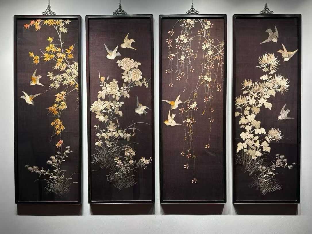 Late Qing Embroidery Four Seasons Flowers and Birds: Late Qing Four Seasons Flower Bird Embroidery, L129cm W46cm