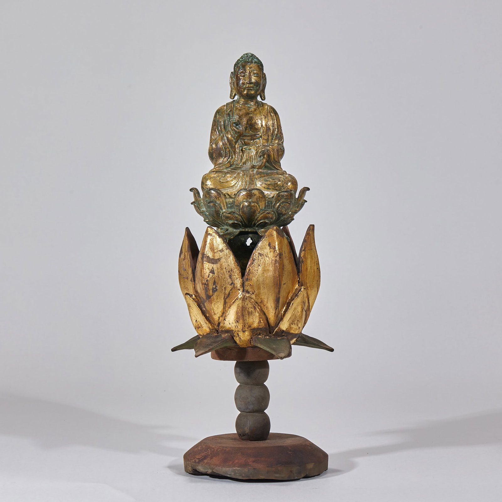 Pre-Ming Gilt Bronze Sakyamuni Seated Buddha (Cypress Wood Base): Pre-Ming Gilt Bronze Sakyamuni Seated Buddha, Cypress Base, Overall H45cm Buddha H24cm D13cm, Total Weight 3513g