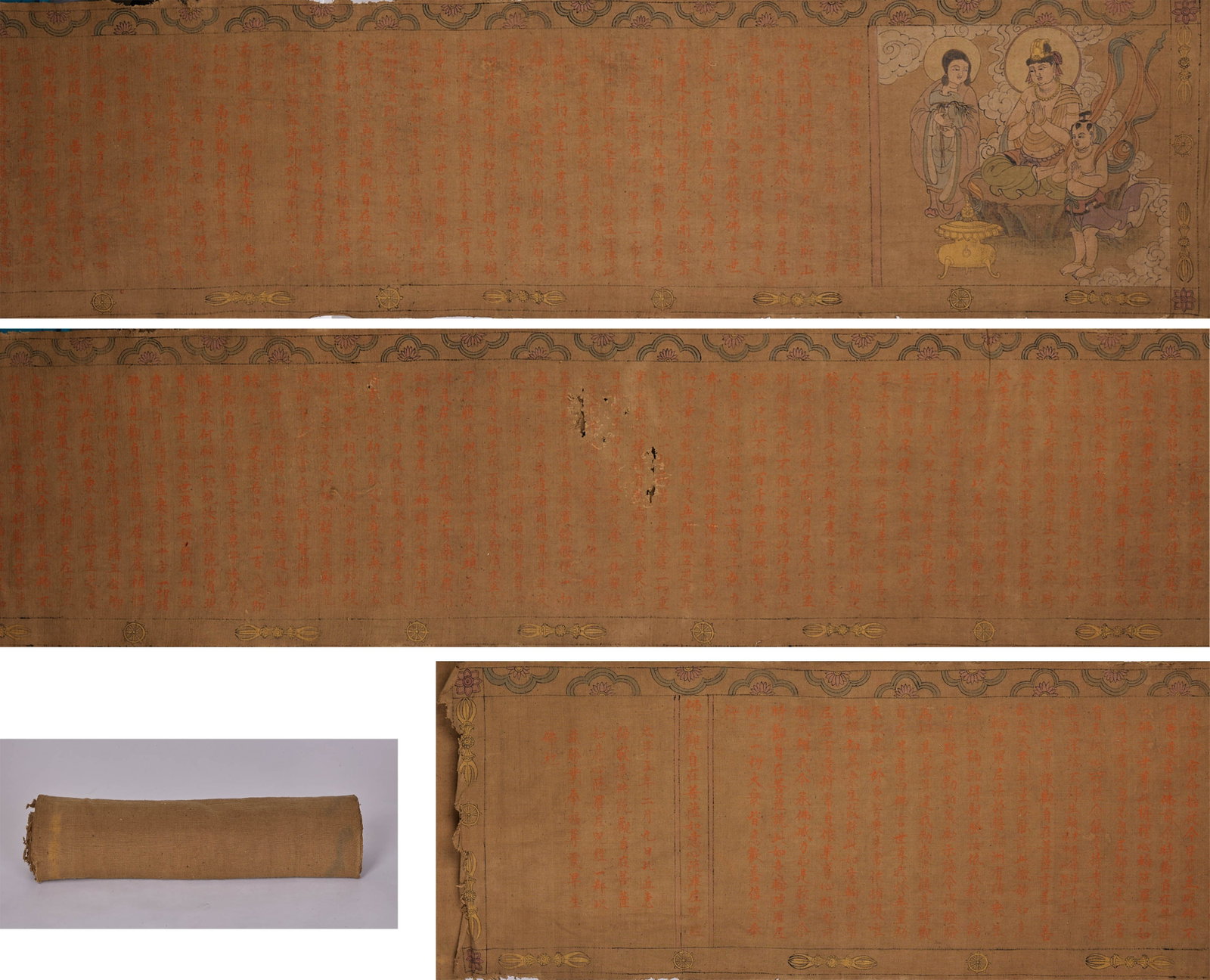 Cinnabar Hand-copied Sutra on Linen: Heart Mantra of Avalokitesvara: Cinnabar Handcopied Sutra of Avalokitesvara Ruyi Heart Dharani on Linen, L440cm W44cm