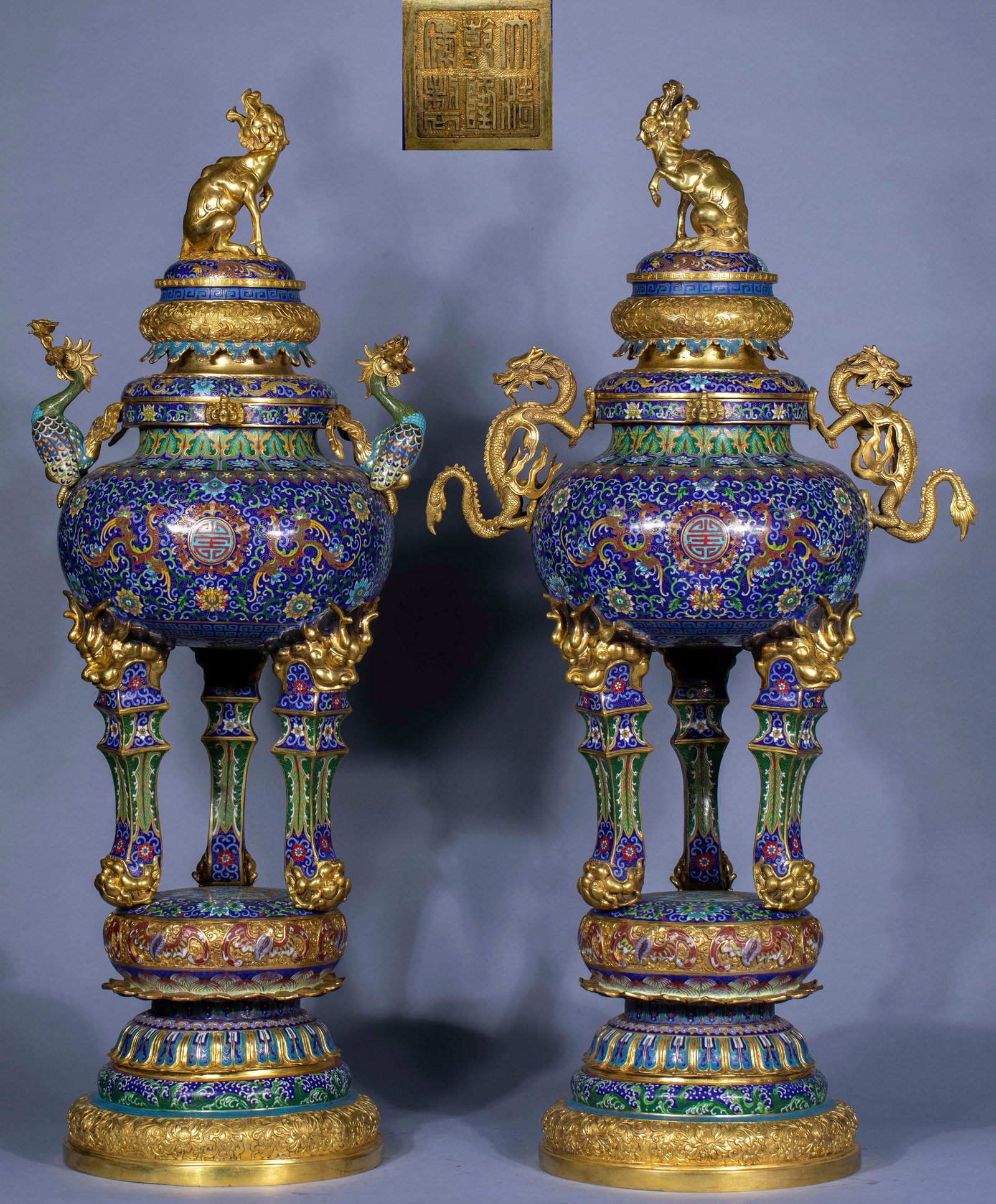 Qianlong Period Cloisonne Censer with Dragon and Phoenix Ears: Qianlong Mark Cloisonne Dragon Phoenix Ear Censer, H103cm L50cm W30cm