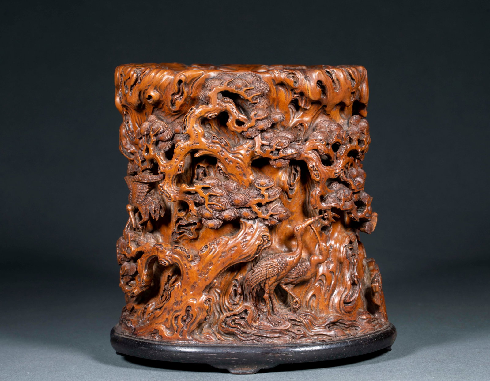 Huanghuali Pine and Crane Longevity Brush Pot: Huanghuali Pine Crane Longevity Brush Pot, H20cm L19.5cm W18.5cm, Weight 1785g