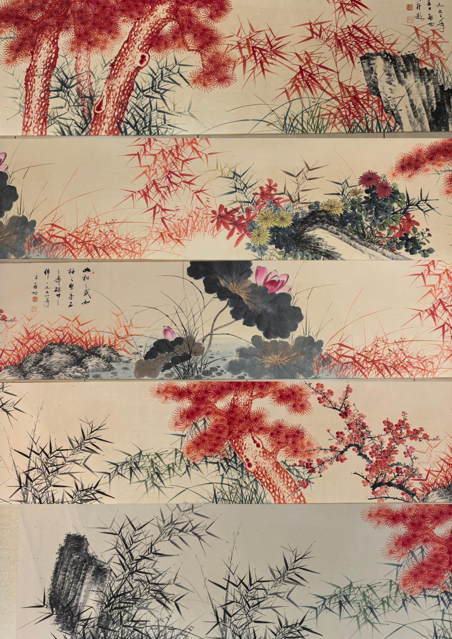 Flower Painting Scroll by Qi Gong: Qi Gong Flower Hand Scroll, L624cm W45cm