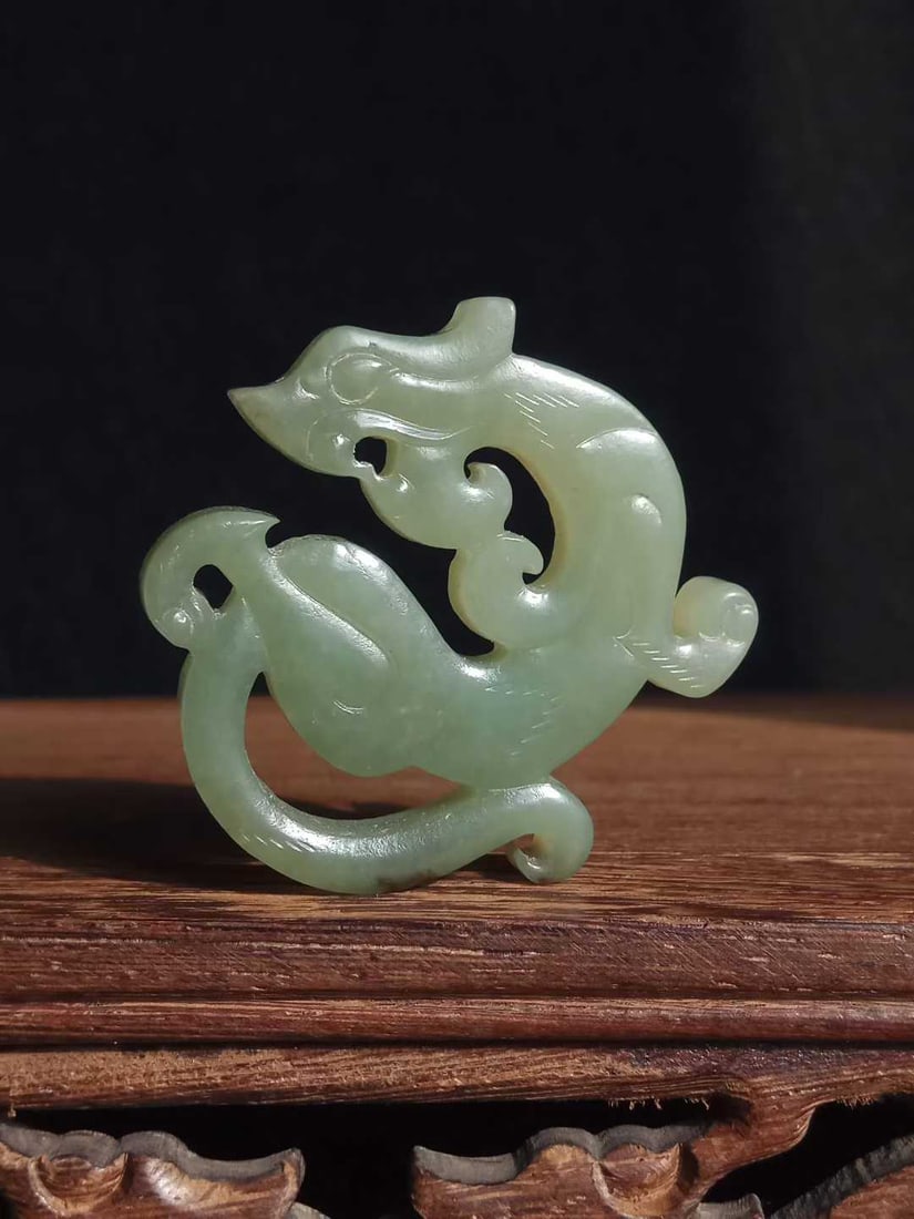 Openwork Dragon Pattern Hetian Green Jade Pendant - 2