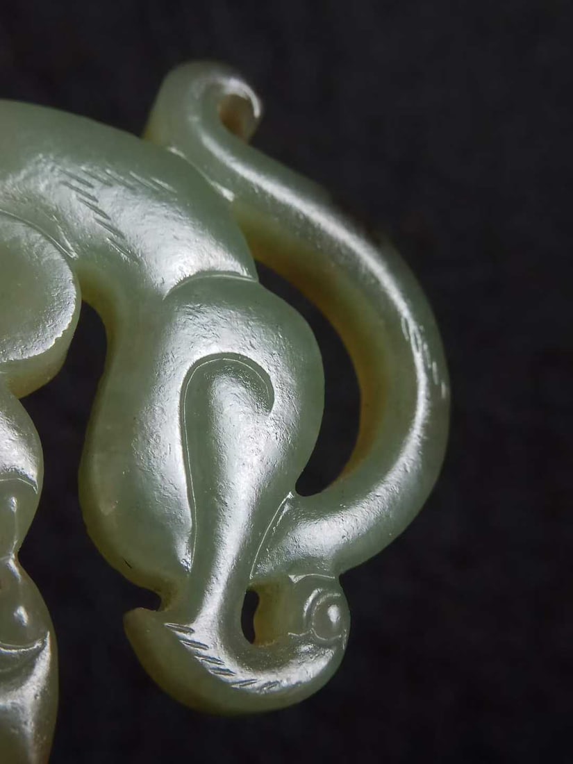 Openwork Dragon Pattern Hetian Green Jade Pendant - 8
