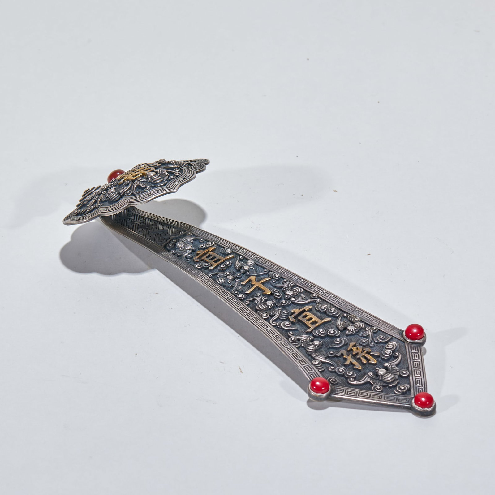 Pure Silver Inlaid Fertility Blessing Ruyi: Silver Inlaid Fertility Blessing Ruyi, H3cm L18cm, Weight 106g