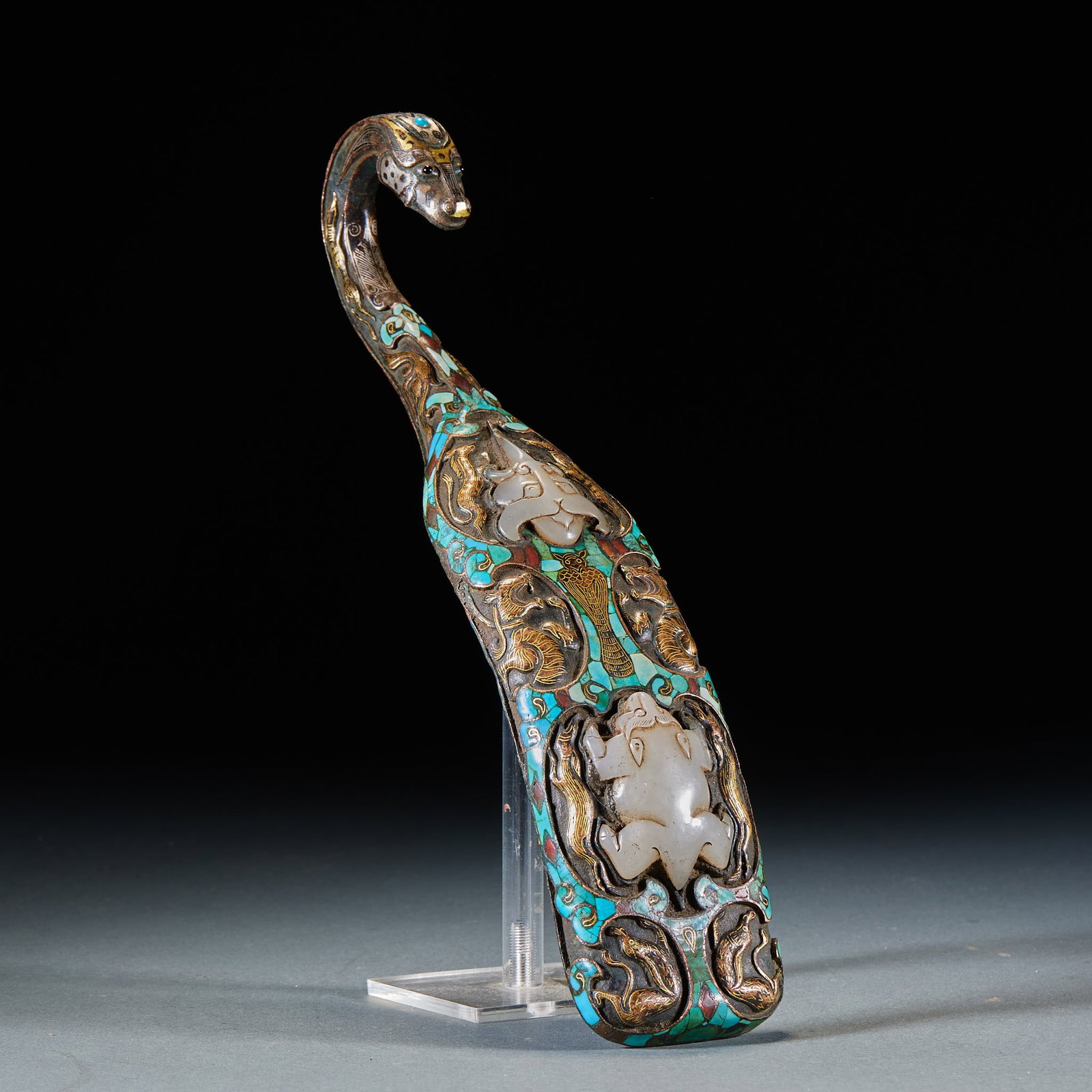 Pre-Ming Gold-silver Inlaid Jade Mythical Beast Belt Hook: Pre-Ming Gold-silver Inlaid Jade Beast Belt Hook, L25cm W5.5cm