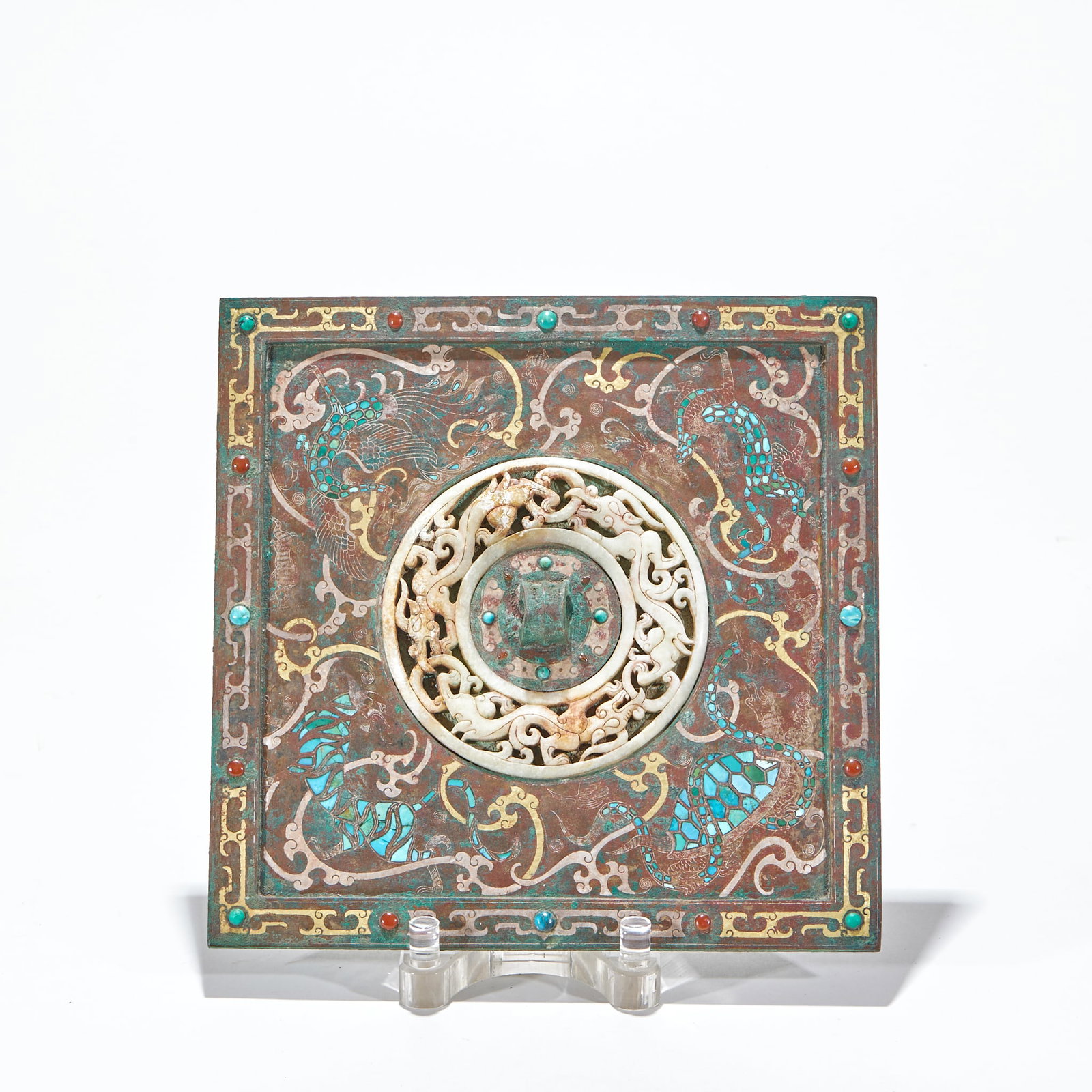 Han Dynasty Four-direction Divine Beast Gold-silver Inlaid Jade-set Bronze Mirror (1 of 11)