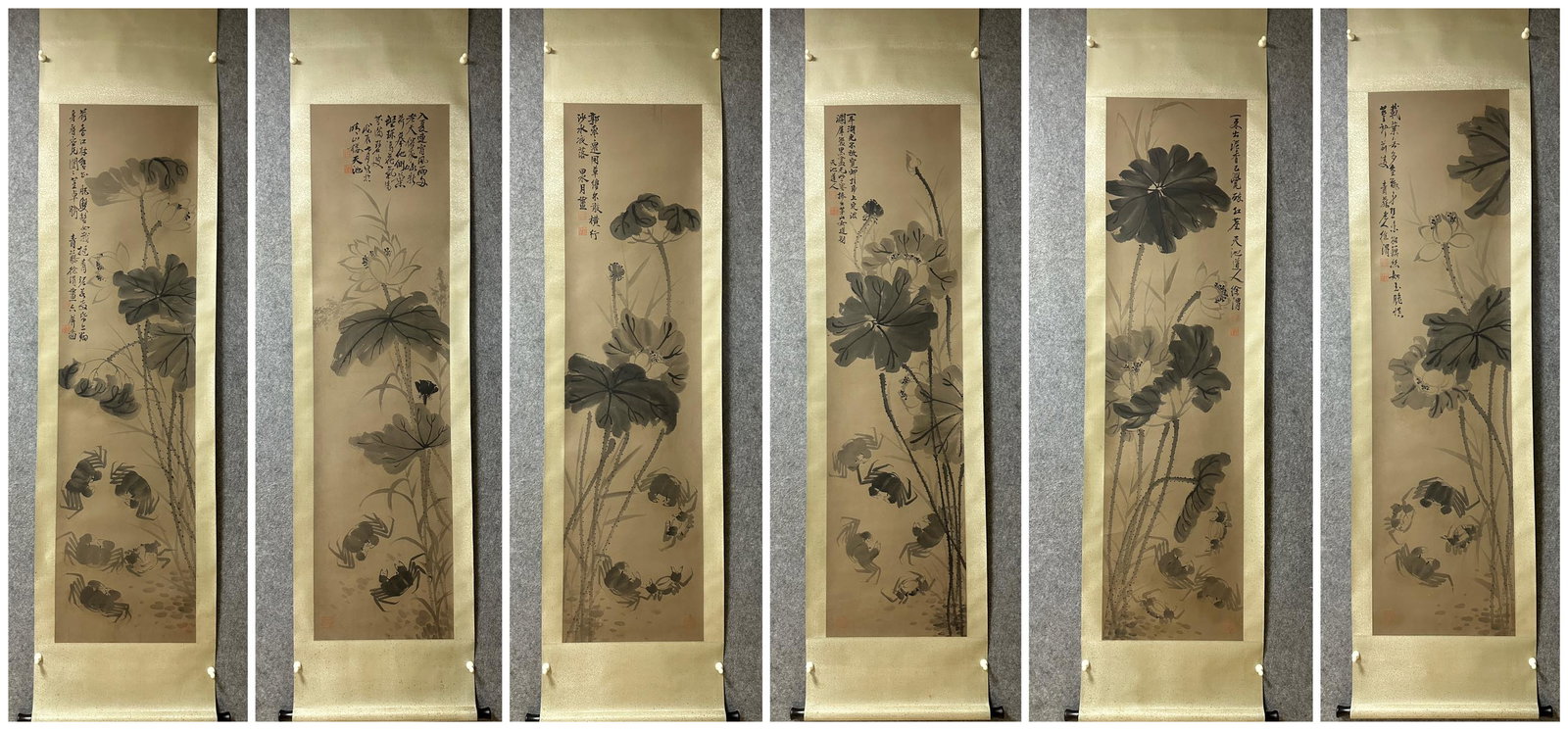 Six-panel Painting Scroll by Xu Wei: Xu Wei Six-panel Painting, L179cm W47cm