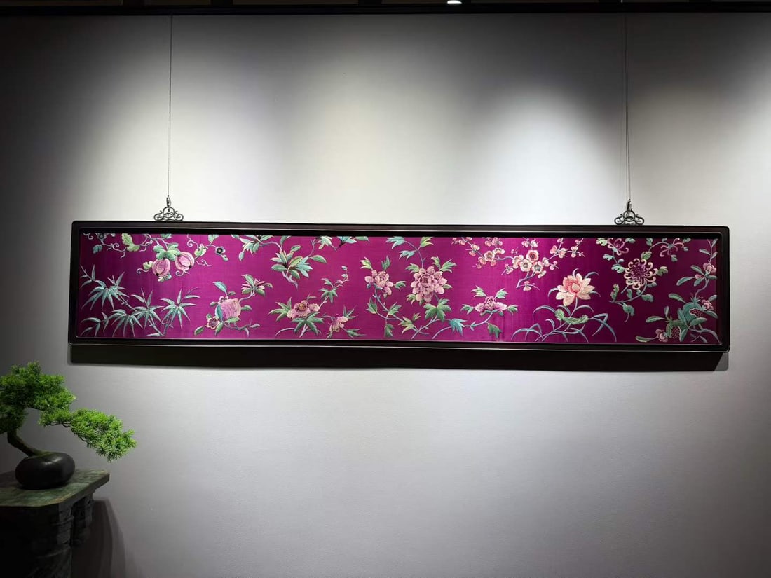 Purple-ground Hunan Embroidery Banner Four Seasons Flowers: Late Qing Purple-ground Hunan Four Seasons Flower Horizontal Scroll, L203cm W39cm
