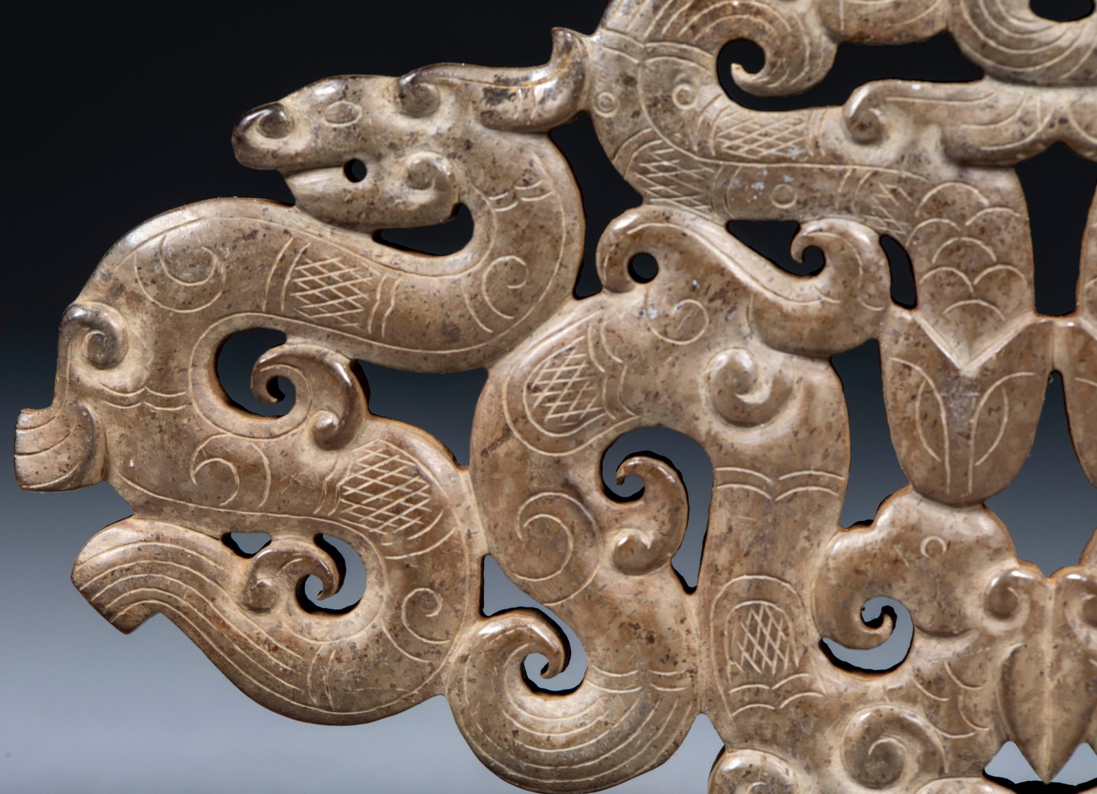 Openwork Double Phoenix Four Dragon Jade Bi Disc - 11