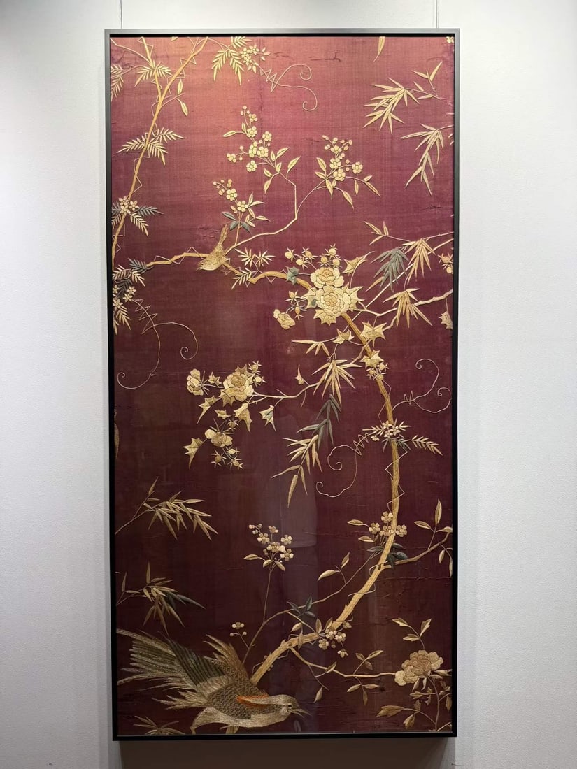 Late Qing Cantonese Flower and Bird Embroidery: Qing Cantonese Floral Bird Embroidery, L136cm W67cm