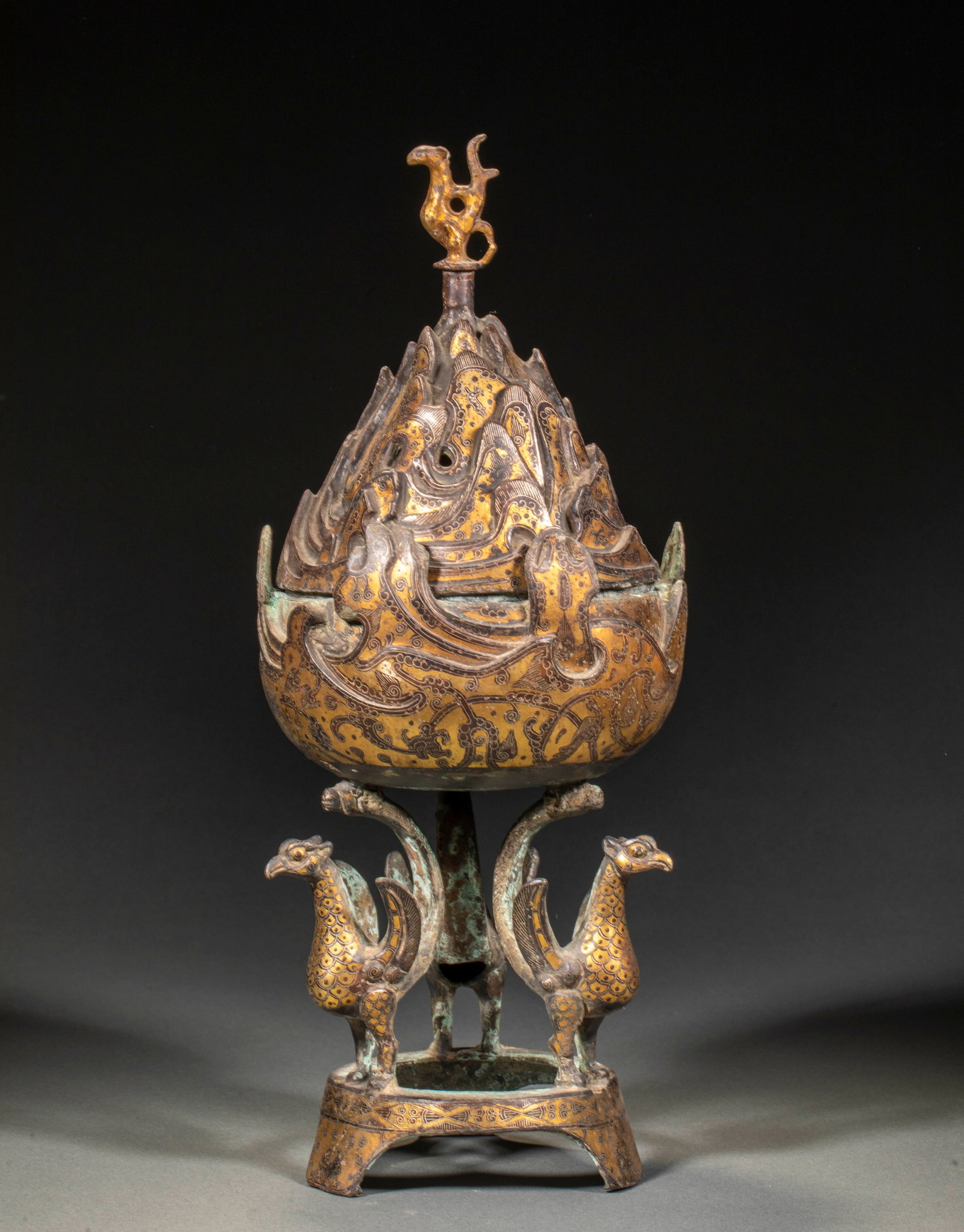 Pre-Ming Gold-silver Phoenix-foot Boshan Incense Burner: Pre-Ming Gold-silver Inlaid Phoenix-foot Boshan Censer, H33cm D12cm, Weight 1958g