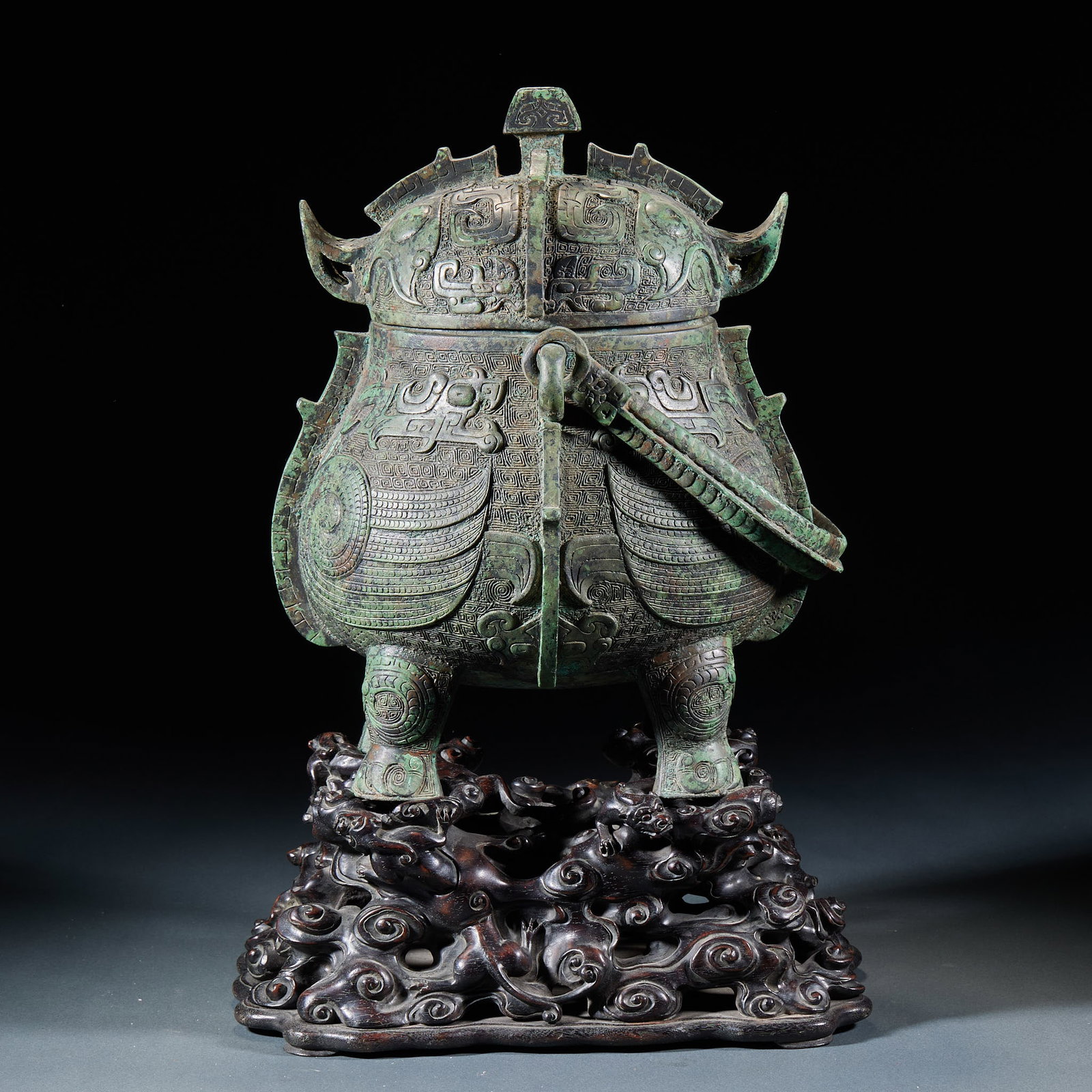 Pre-Ming Bronze Phoenix-handled Wine Vessel: Pre-Ming Bronze Phoenix-handled You Vessel, H31cm L21cm W18cm, Weight 4473g