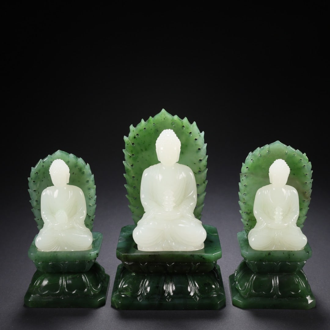 Three Jewels Buddha Statue with Jasper Halo Base: Hetian Jasper Three-buddha Statue with Halo Base, Central Buddha H7cm L4.1cm W2.4cm, Weight 709g