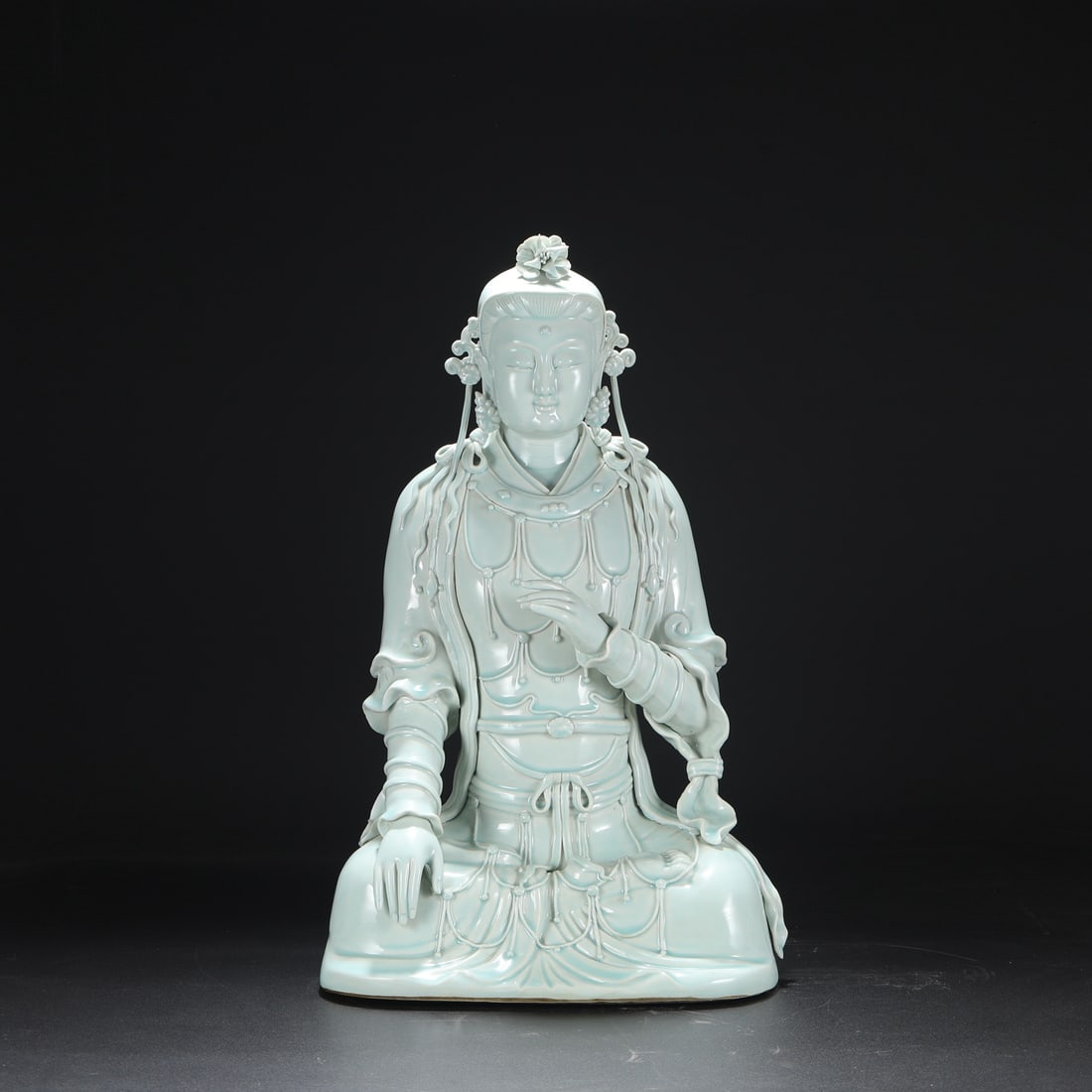 Song Hutian Yao Celadon Imperial Giant Buddha Statue: Song Hutian Yao Shadow Blue Imperial Giant Buddha Statue, H55.5cm D32.5cm