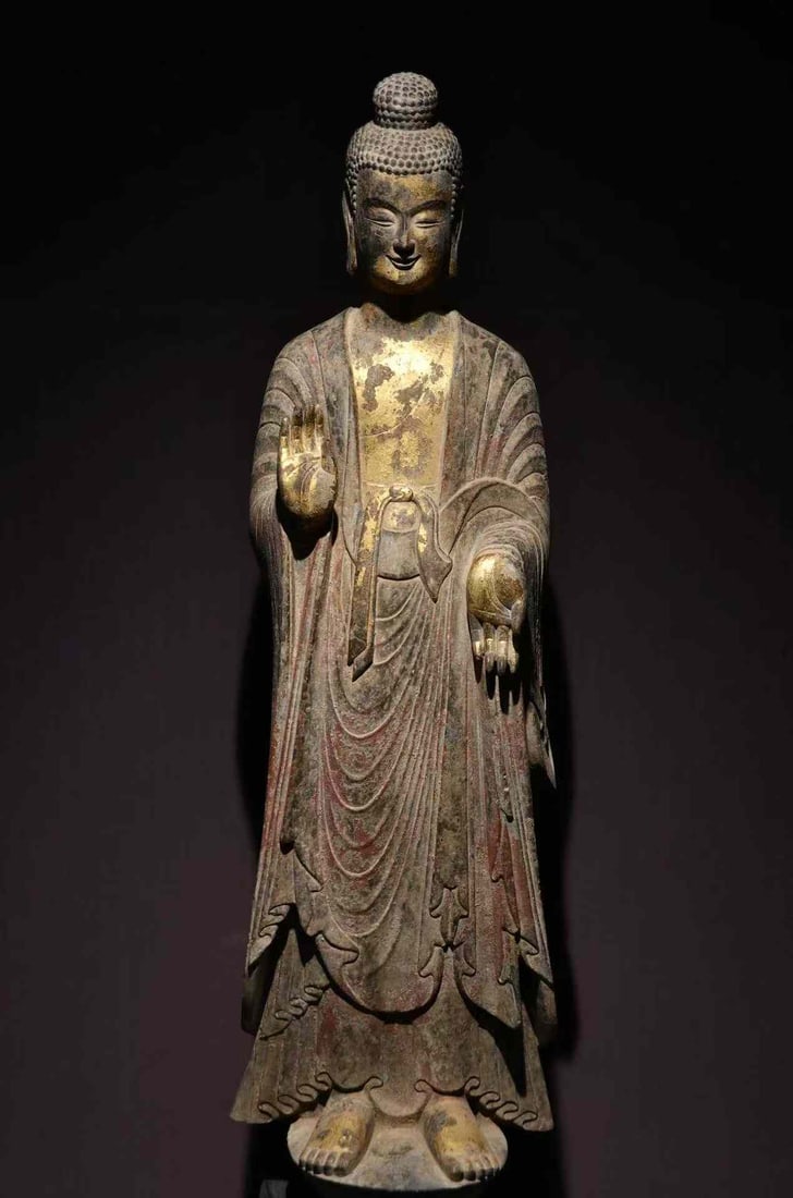 Northern Wei Qingzhou Gilded Standing Buddha Statue: Northern Wei Qingzhou Gold-gilded Standing Buddha, H128cm