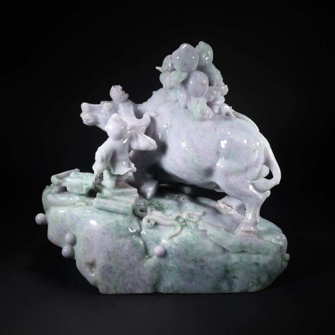Jadeite Three Boys Playing with Ox: Jadeite Three Boys Playing Ox, H31.5cm L36cm W26cm, Weight 21800g