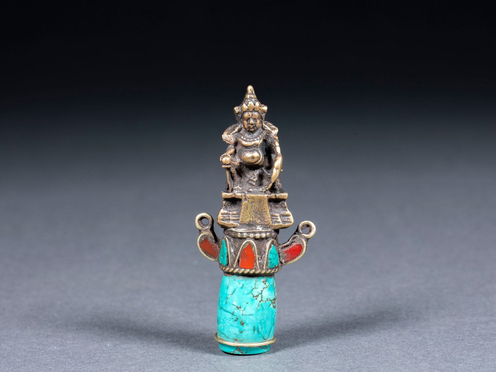 Turquoise-inlaid God of Wealth Pendant: Turquoise-inlaid God of Wealth Pendant, H7cm L3cm W1.5cm, Weight 36g
