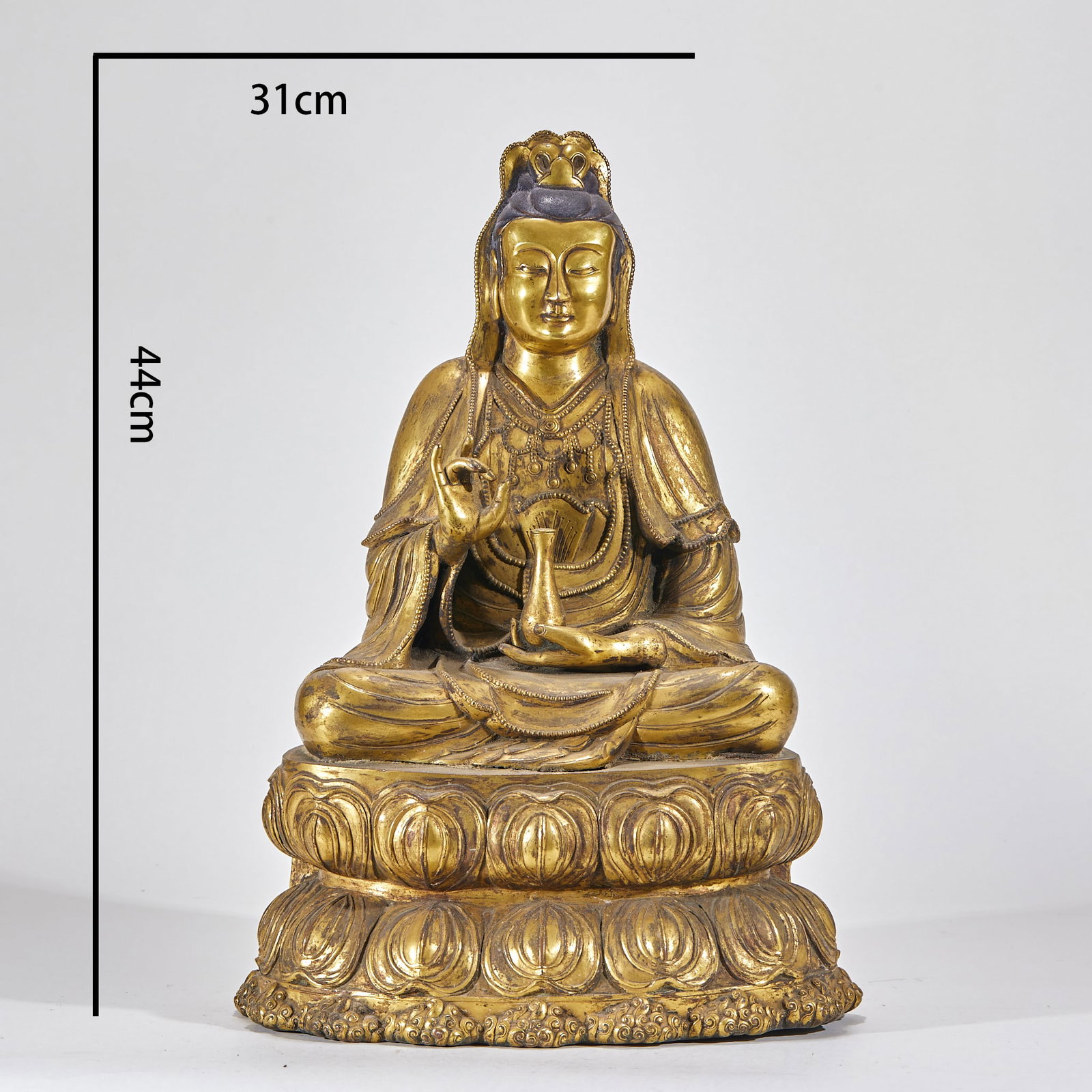 Gilt Bronze Guanyin Holding a Holy Vase: Gilt Bronze Vase-bearing Guanyin, H44cm L31cm W23cm