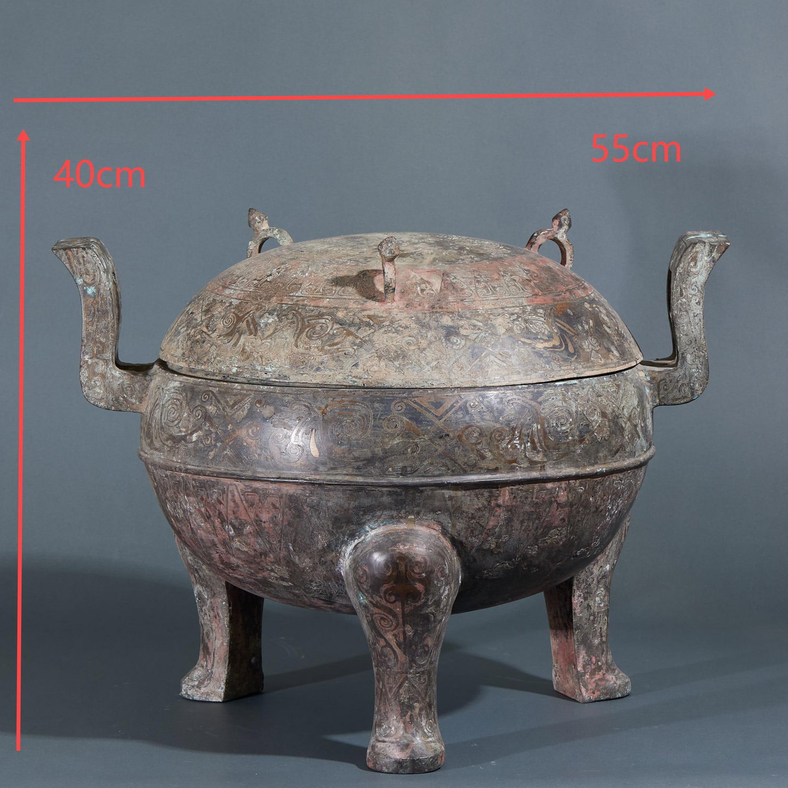 Pre-Ming Gold and Silver Inlaid Ding with Upturned Ears: Pre-Ming Gold-silver Inlaid Upright Eared Ding Censer, H39.5cm L54.5cm W41cm