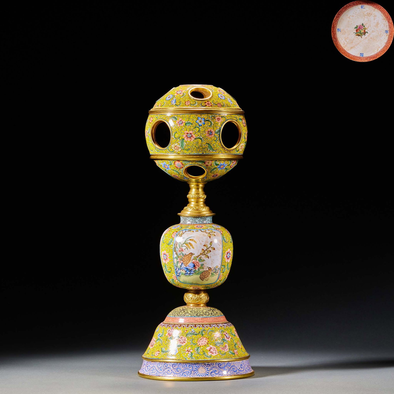 Qianlong Painted Enamel Openwork Hat Stand: Magpie on Plum & Blooming Flowers: Qianlong Painted Enamel Openwork Hat Stand, H33.5cm D11cm, Weight 1339g