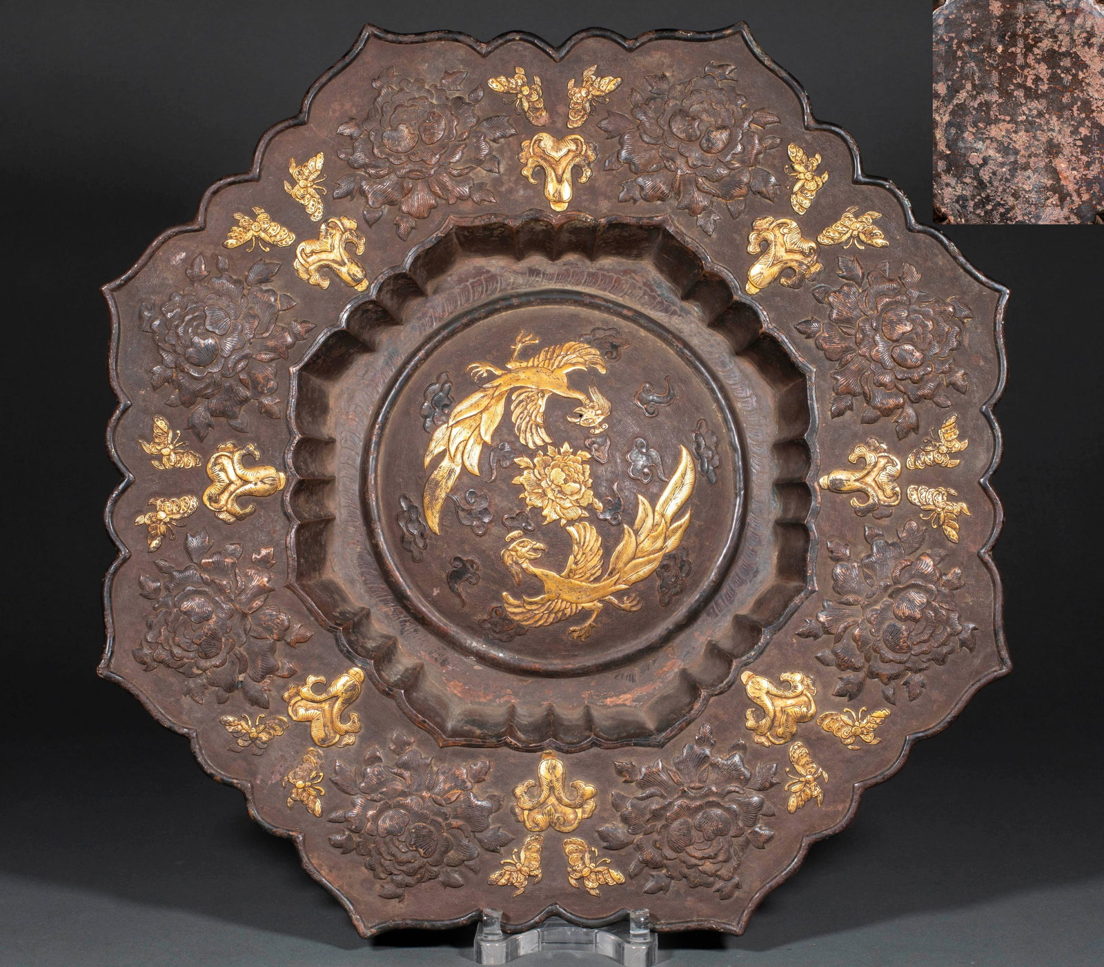 Pre-Ming Liao-Jin Gilt & Carved Phoenix Petal Basin: Liao-Jin Gilt Carved Twin-phoenix Petal Basin, H6cm D60cm, Weight 3850g