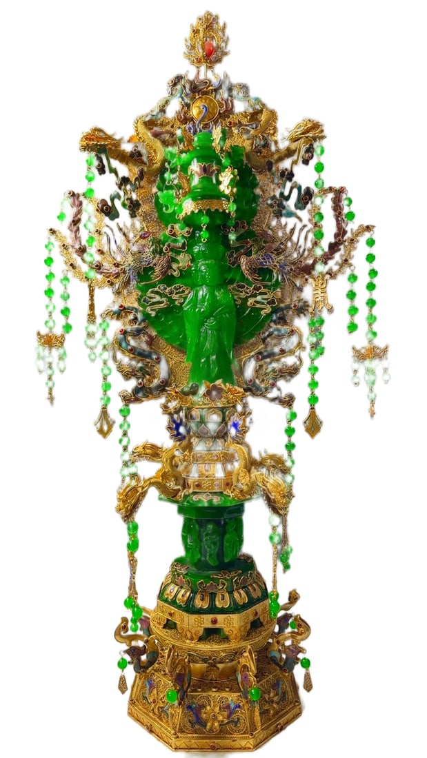 Gilt Wire Inlaid High-Ice Jadeite Ruyi Guanyin: Gilt Filigree High-ice Jadeite Ruyi Guanyin, H72cm W38cm